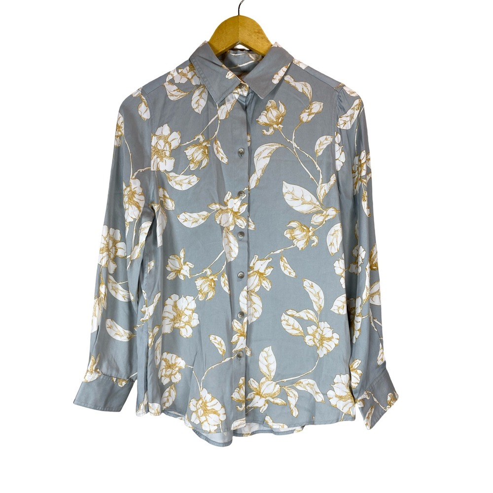 Chico's Grey Gold Floral Button Down Shirt Blouse Size 0 US 4/6  S  Fall Cottage